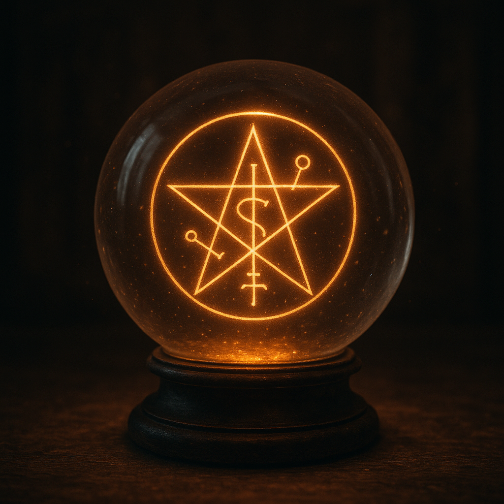 A picture of a crystal ball with a glowing sigil inside it.