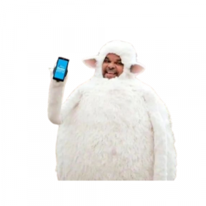 A picture of a man in a sheep fancy dress costume, holding a mobile phone