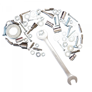 A bunch of tools and nuts and bolts arranged to look like a brain