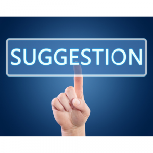 A blue background with the word suggestion in neon letters with a finger pointing towards the word 