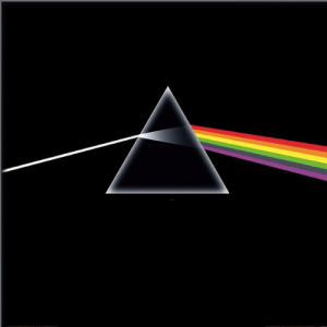 Album cover to Pink Floyd's Darkside of the moon. Light hitting a prism and coming out as a rainbow.