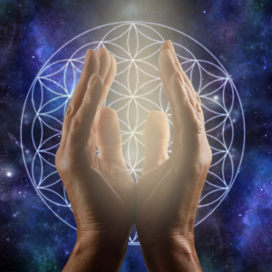Hands clasped in prayer with a mandala around it