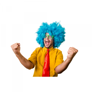 A picture of a guy with blue fluffy hair, wearing a yellow shirt and red tie.