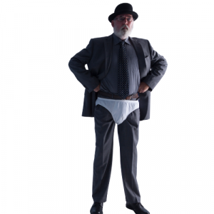 A man wearing a suit and bowler hat, he has underpants over his trousers