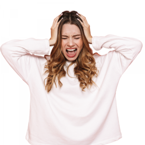 A woman holding hear and screaming as if she is stressed