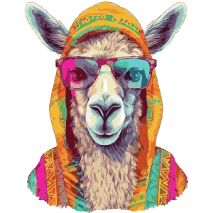 A graphic of a psychedelic Llama wearing sunglasses 