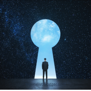 A man stood before a giant keyhole in the stars