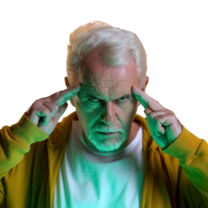 An elderly man holding his temples like a mind reader
