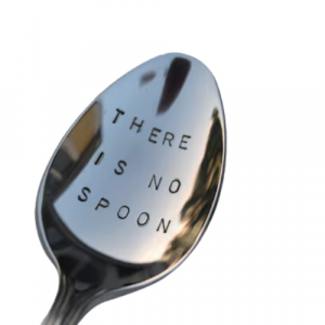 A spoon that has "There is no spoon" engraved onto it
