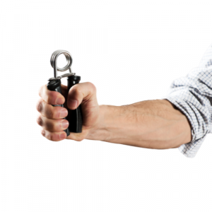 A picture of a man squeezing a forearm gripper