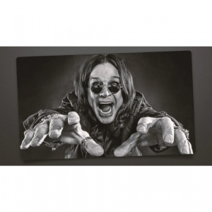 A black and white photo of Ozzy Osbourne looking crazy