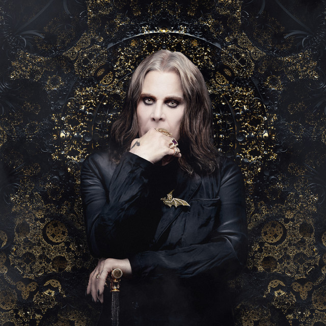 A picture of Ozzy Osbourne with a dark and gold background