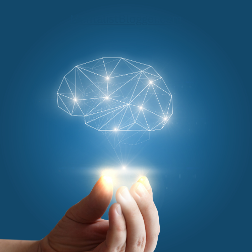 Blue background with a hand holding a light that is projecting an image of a brain