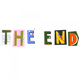 A sign that reads "THE END" in bright colours
