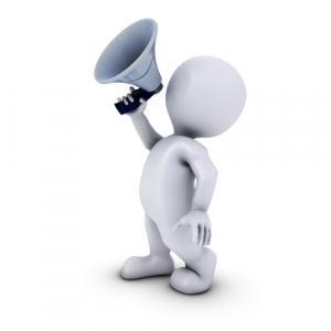 An animated figure holding a megaphone