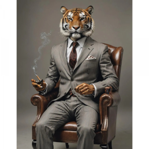 A picture of a tiger wearing a suit, sat in a leather chair and smoking.