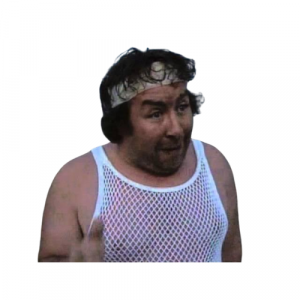 A picture of Rab C Nesbit wearing a vest and headband.