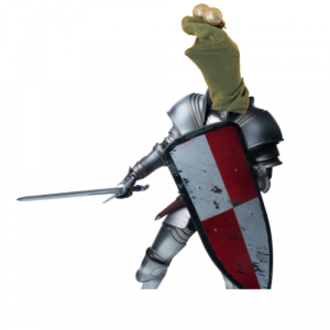 A picture of a knight with a sock head.