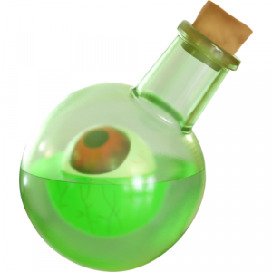 A glass potion bottle with green liquid and an eyeball inside.