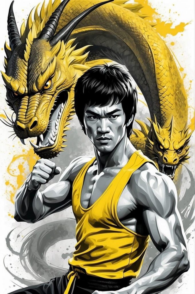 A graphic of Bruce Lee in a yellow vest, stood in a fighting pose, with a yellow dragon behind him