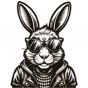 A graphic of a cool looking rabbit wearing a jacket and sunglasses