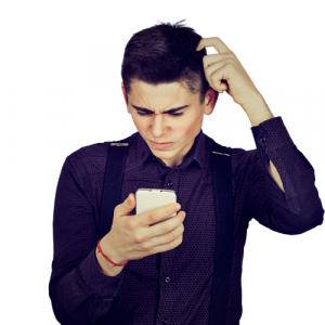 A picture of a man looking at his mobile phone with a confused expression.