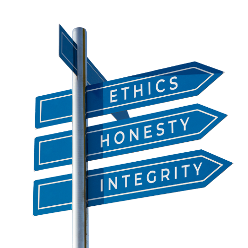 A sign post which reads "Ethics, Honesty and Integrity"