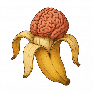 A psychedelic picture of a banana peeling to reveal a brain inside.