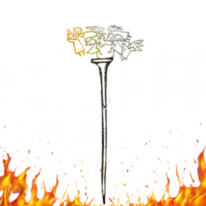 A graphic of angels dancing on the head of a pin, with flames below them.