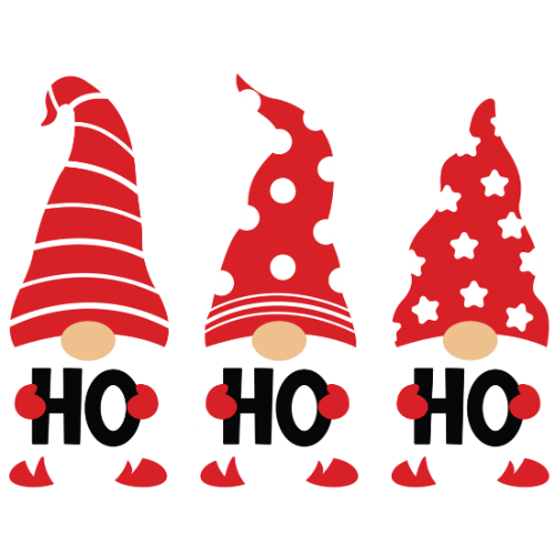 A graphic of three gnomes, each holding the word HO, it spells out HO HO HO.