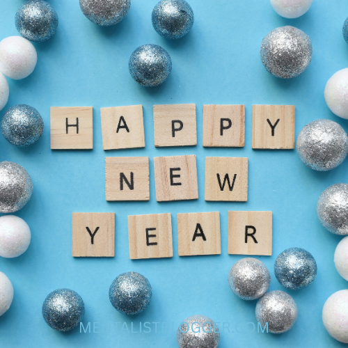 A blue background with baubles and letter tiles, it spells out HAPPY NEW YEAR.