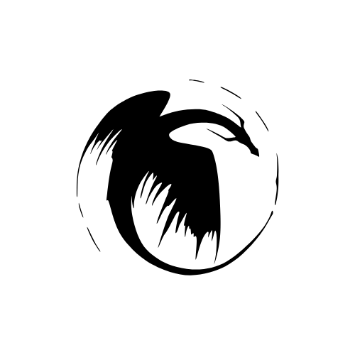 A graphic of a black dragon in a circular design
