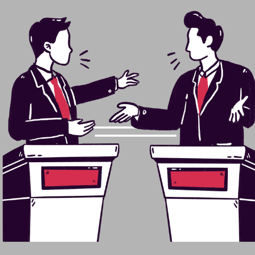 A graphic of 2 men debating.